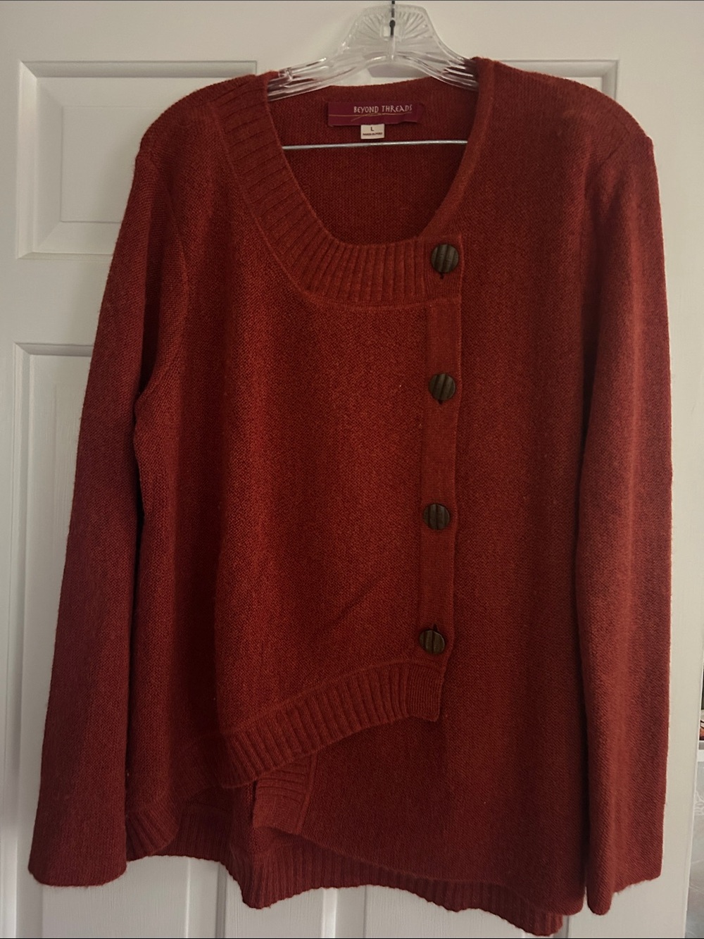 Beyond Therapy Women's Asymmetrical Button-Front Sweater in Rust